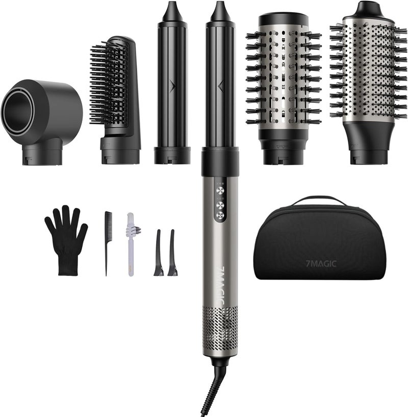 7MAGIC Hair Dryer Brush & 6 in 1 Hair Styler, Silver, 110 Volts, 1200 Watts, Ionic Technology, Fast Drying, Multi Styler for Straight, Wavy, Curly, and Coily Hair - Image 1